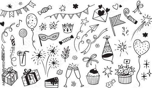 Doodle party icons. Abstract simple hand drawn sketch elements, cute marker pen scribble signs line art black and white vector art and illustration 