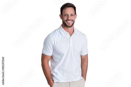 Portrait of a smiling man in a white polo shirt standing isolated on transparent background