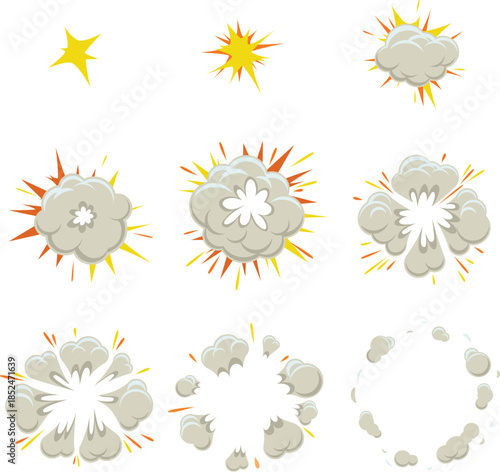 Cartoon explosion animation frames with smoke and fire effect vector