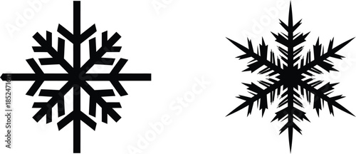Minimal black snowflake symbols set representing winter, cold weather, frost, and seasonal decorative graphic elements.