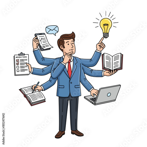 Multitasking businessman with many hands managing various tasks simultaneously symbolizing efficiency and productivity in a busy work environment.