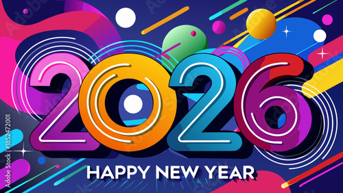 Happy New Year 2026 Colorful Celebration Over Modern Skyline, Festive Night Illustration with Bold Typography and Vibrant Lights background landscape