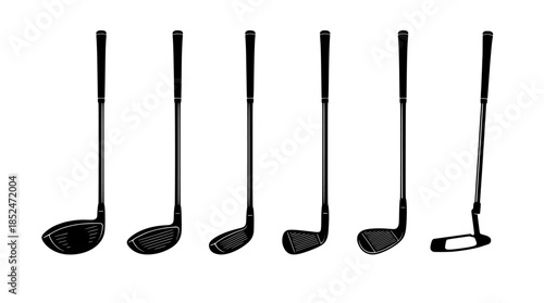 Set of six black golf clubs with varying head shapes on white background