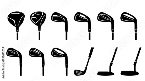 Black golf club heads and handles illustrations on white background golfing equipment set