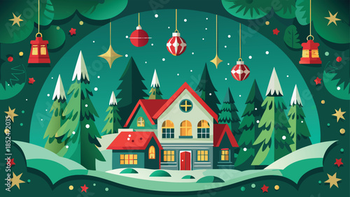 A wintery Christmas backdrop showcasing evergreen trees and charming houses adorned with holiday decorations..eps