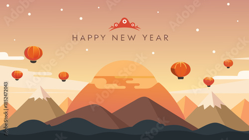 Happy New Year 2026 Colorful Celebration Over Modern Skyline, Festive Night Illustration with Bold Typography and Vibrant Lights background landscape