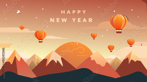 Happy New Year 2026 Colorful Celebration Over Modern Skyline, Festive Night Illustration with Bold Typography and Vibrant Lights background landscape