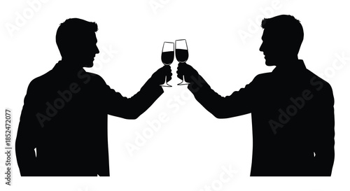 Two men celebrating with wine glasses in a striking black and white silhouette