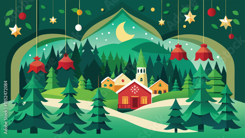 A festive Christmas scene featuring decorated trees and cozy houses against a snowy background..eps