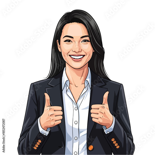 Smiling Asian Businesswoman Giving Thumbs Up Gesture.