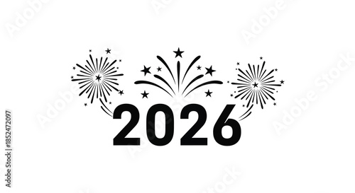 Celebratory fireworks illuminate the year two thousand twenty six in a striking black silhouette