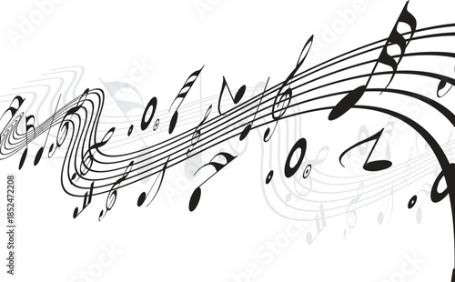 Traditional music sheet illustration with various black note types vector