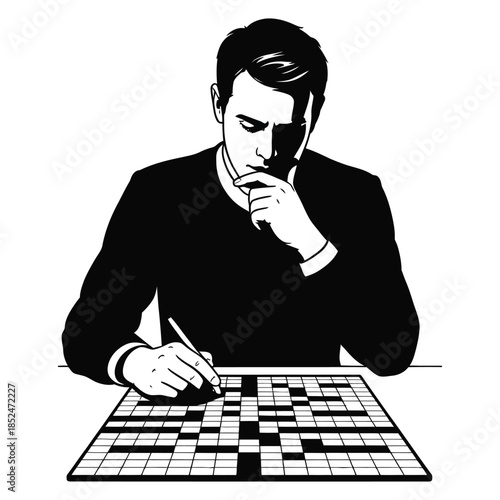 A contemplative man in a shirt and tie is shown from the waist up, deeply focused on solving a crossword puzzle with a pen in hand