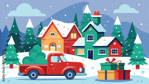 cheerful card displaying a red truck with a Christmas tree, celebrating Merry Christmas and Happy New Year..eps