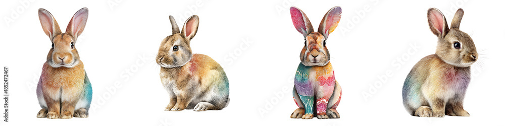 Fototapeta premium Set of Watercolor Easter Rabbits on White Background