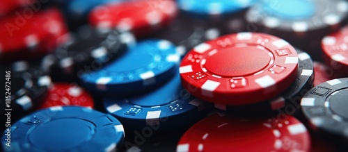 Casino chips close-up, gambling, red blue black