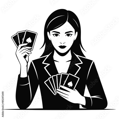 Confident young woman holding playing cards in both hands ready to play poker or blackjack at casino game night in a stylish black and white vector graphic