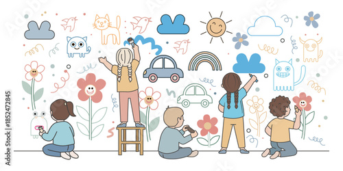 (Creative Kids Drawing Doodle Art on Wall Cartoon Illustration.eps)