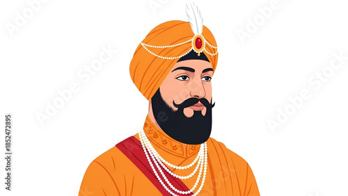 Guru Gobind Singh Sikh spiritual leader royal attire vector illustration representing wisdom courage faith sacrifice devotion heritage culture history inspiration identity and timeless values 