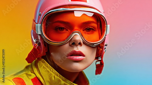 Close up portrait of a woman wearing a pink vintage helmet and orange goggles high contrast color pop