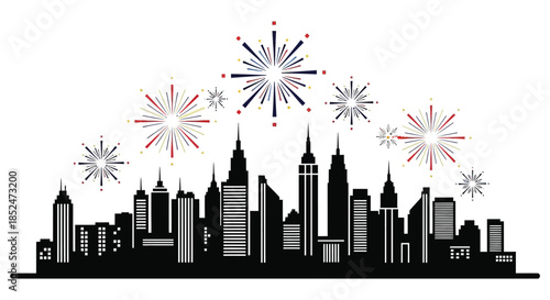 Festive fireworks illuminate a city skyline at night creating a vibrant and joyful silhouette