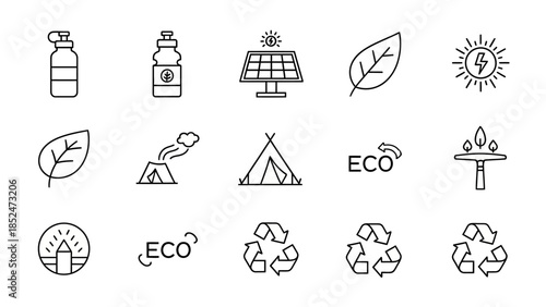 Outline Icons Set Illustrating Sustainable Living, Environmental Protection, and Eco-Friendly Concepts