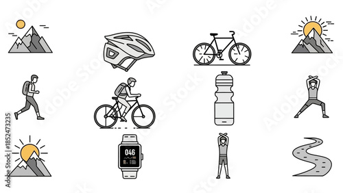 Outdoor Adventure and Fitness Icons Set with People, Mountains, Cycling, and Exercise Gear