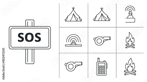 Essential Gear for Outdoor Survival: Camping, Signaling, and Communication Icons