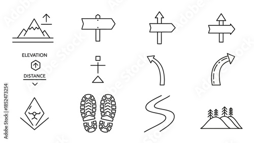 Outdoor Adventure and Navigation Line Icons Set for Hiking and Travel