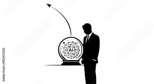 A businessman examines a futuristic AI globe with an upward trajectory arrow, symbolizing innovation and progress.