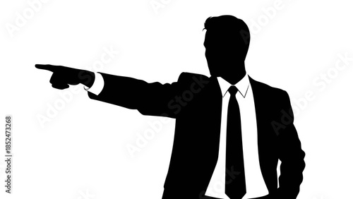 A silhouette illustration of a businessman pointing sideways in a suit and tie on a white background.