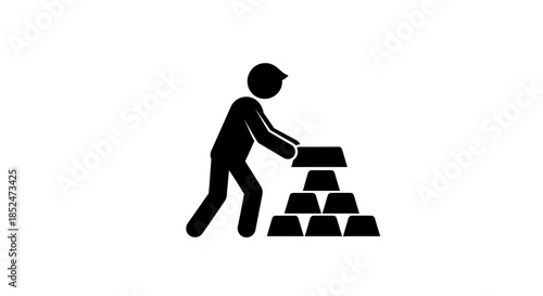 A person is stacking gold bars in a pile on the ground outside.