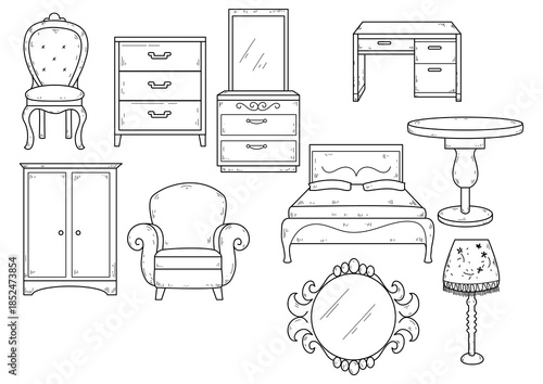 Hand Drawn Furniture Line Art Set with Chair, Bed, Table and Mirror