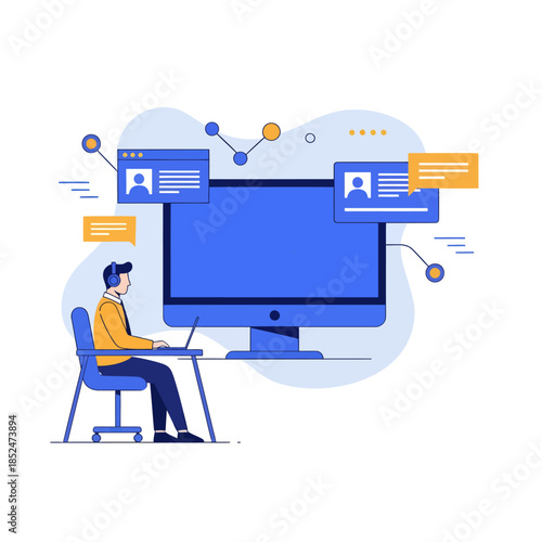 Man working on computer with data analysis and network connections.