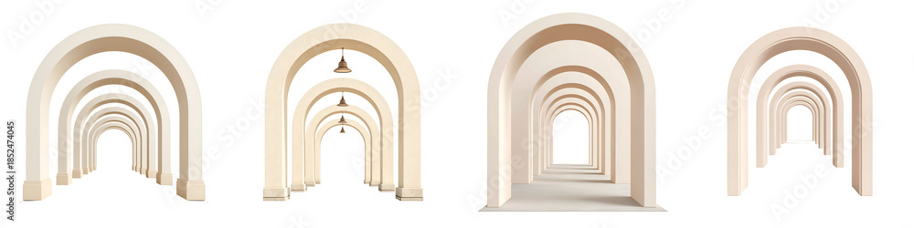 Fototapeta premium Arcade Tunnel Set: White Columns and Archways Isolated on White