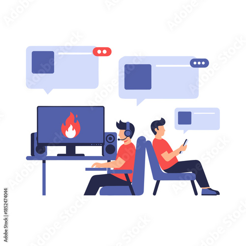 Two men engaged in digital communication and gaming activities.