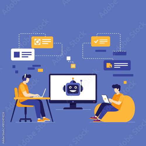 Two people interacting with a chatbot on a computer screen.