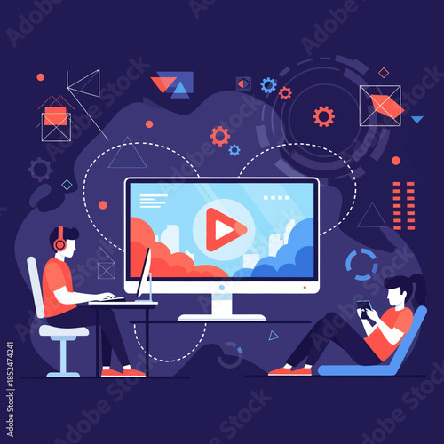 Two people interacting with technology and digital content.