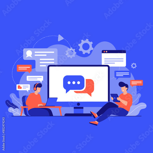 Two people interacting with a computer and tablet surrounded by chat bubbles and digital elements.