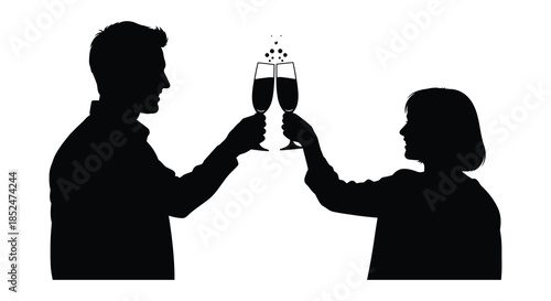 A romantic couple toasting with wine glasses depicted in a striking black silhouette