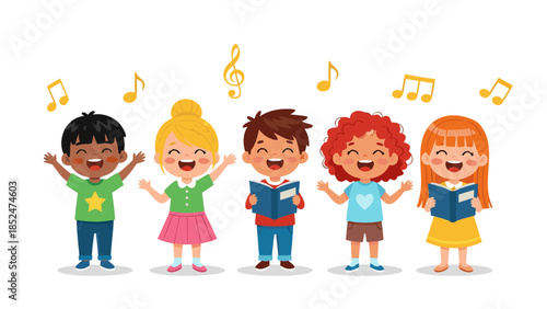 Children Singing Together in Choir Musical Education Fun Activity.