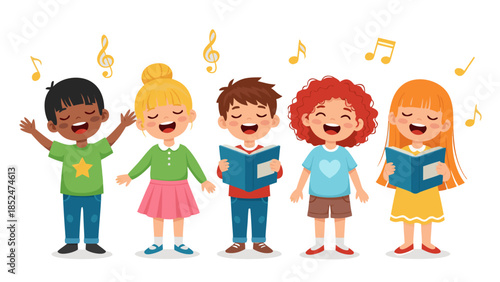 Diverse Kids Singing Together in Choir with Music Notes.