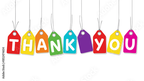Colorful hanging tags spell out "THANK YOU".