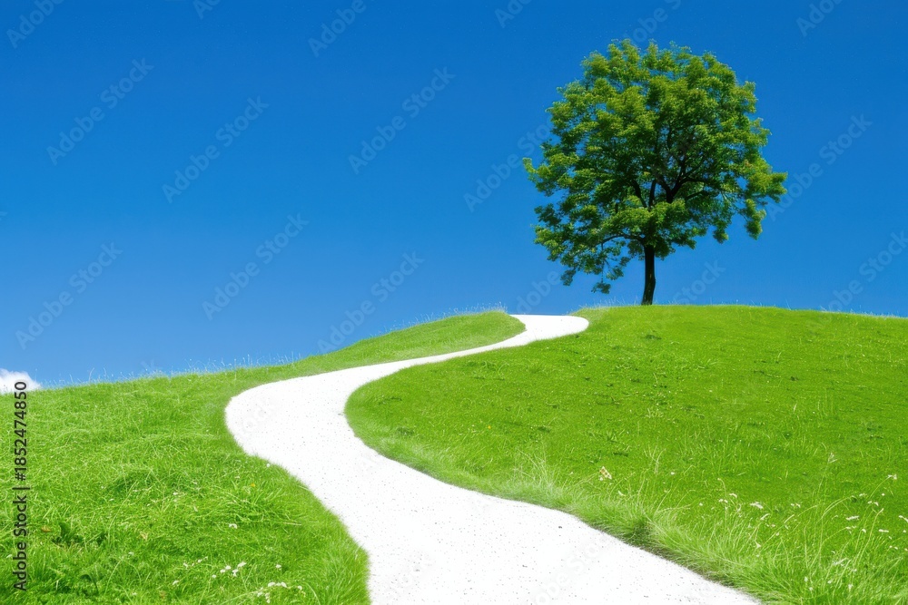 Fototapeta premium Scenic winding path on a vibrant green hill towards a lone tree under a clear blue sky