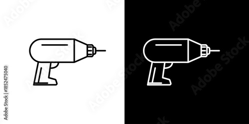 Power drill icon on white and black backgrounds, representing construction and DIY projects