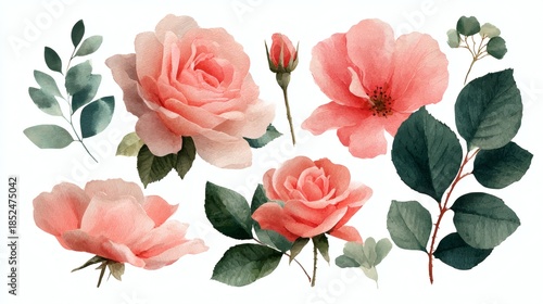 Set roses on isolated white background, watercolor clip art, hand drawing, botanical illustration