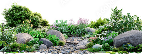 A vibrant landscape featuring lush greenery rocks and a small stream