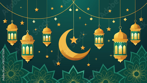 Ramadan Kareem greeting card featuring elegant calligraphy and decorative motifs in rich colors..eps