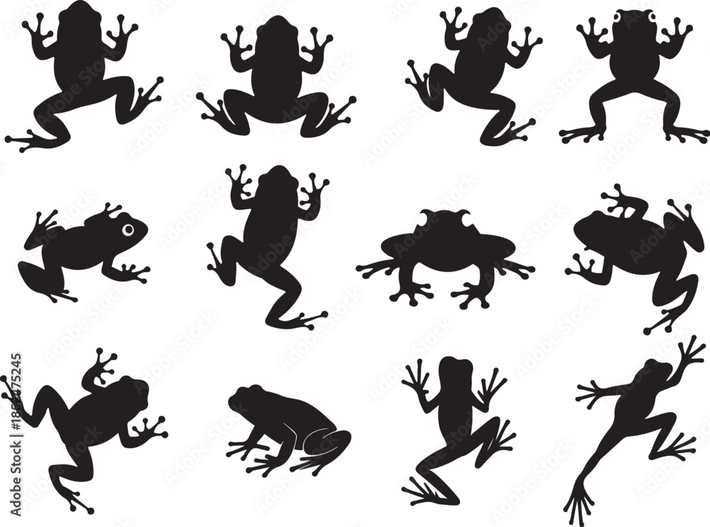 Naklejka premium Frog Silhouette Collection Jumping, Climbing & Crouching Frogs for Wildlife & Nature Design