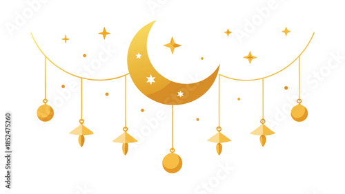 A decorative string featuring golden stars and a crescent moon, symbolizing a dreamy celestial theme..eps
